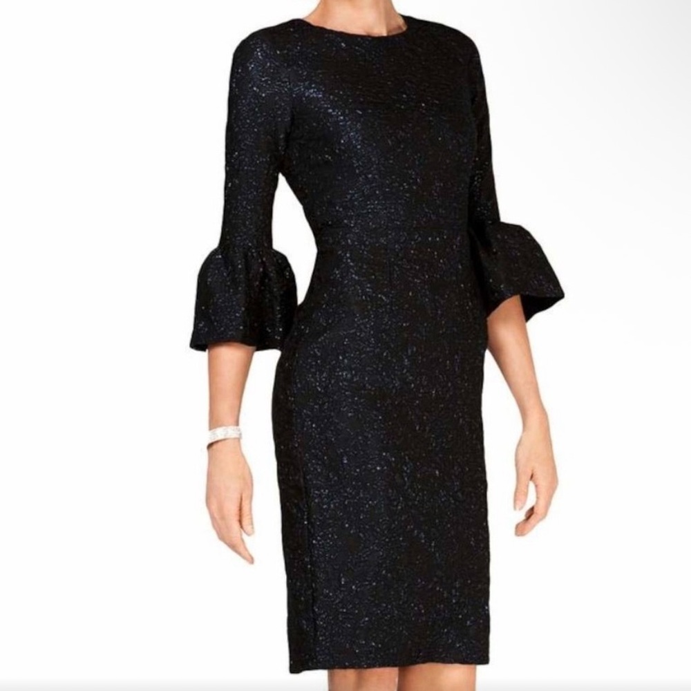 Betsy & Adam Metallic Jacquard brocade black blue Floral Bell Sleeve Dress 6
